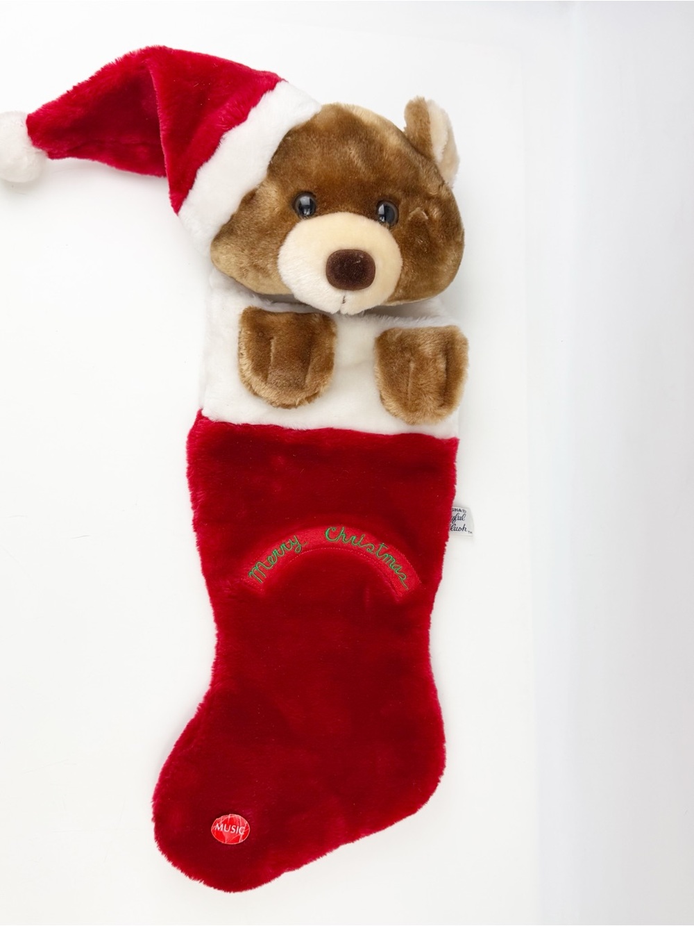 Vintage Chrisha Playful Plush Teddy Bear Christmas Stocking Hat 1988 Music *Read
